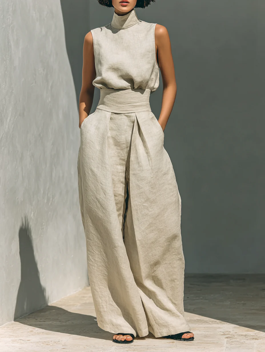 Beige Faux Cotton-linen Blend Sleeveless Top And Wide-leg Pants Set
