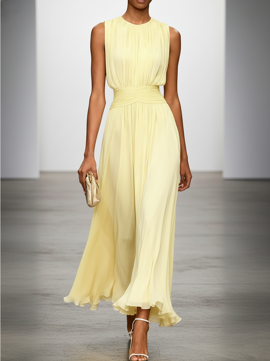 Yellow Chiffon Round Neck Sleeveless A-line Pleated Maxi Dress