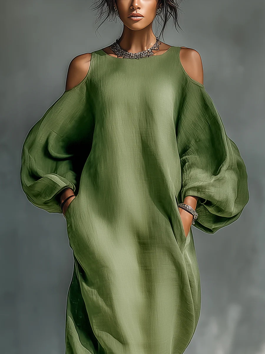 Green Off-shoulder Oversized Puff Sleeve Maxi Dress
