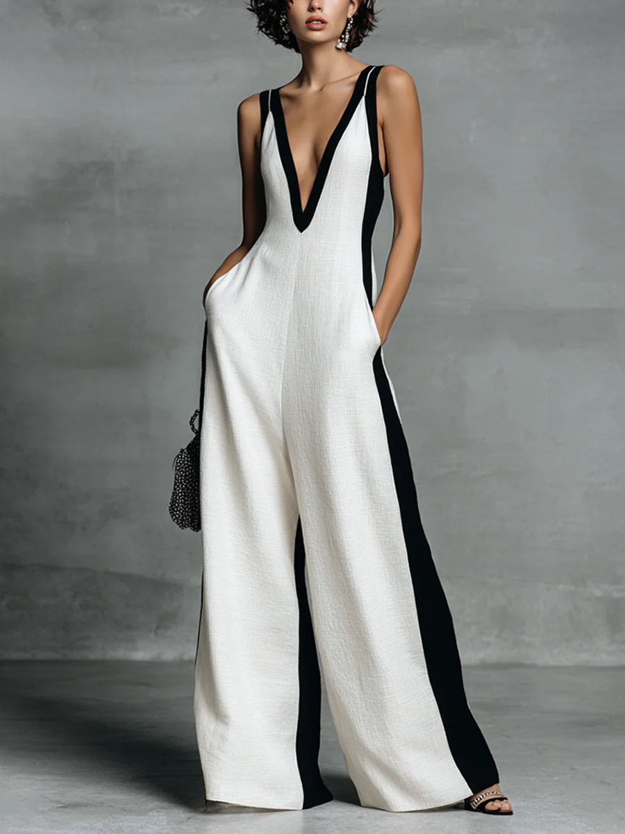 Stylish Black And White Color-blocked Spaghetti Strap Jumpsuit