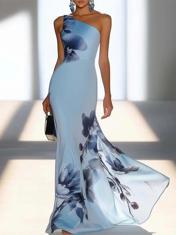 Light Blue Satin Ink Painting Print Off-shoulder Maxi Dress