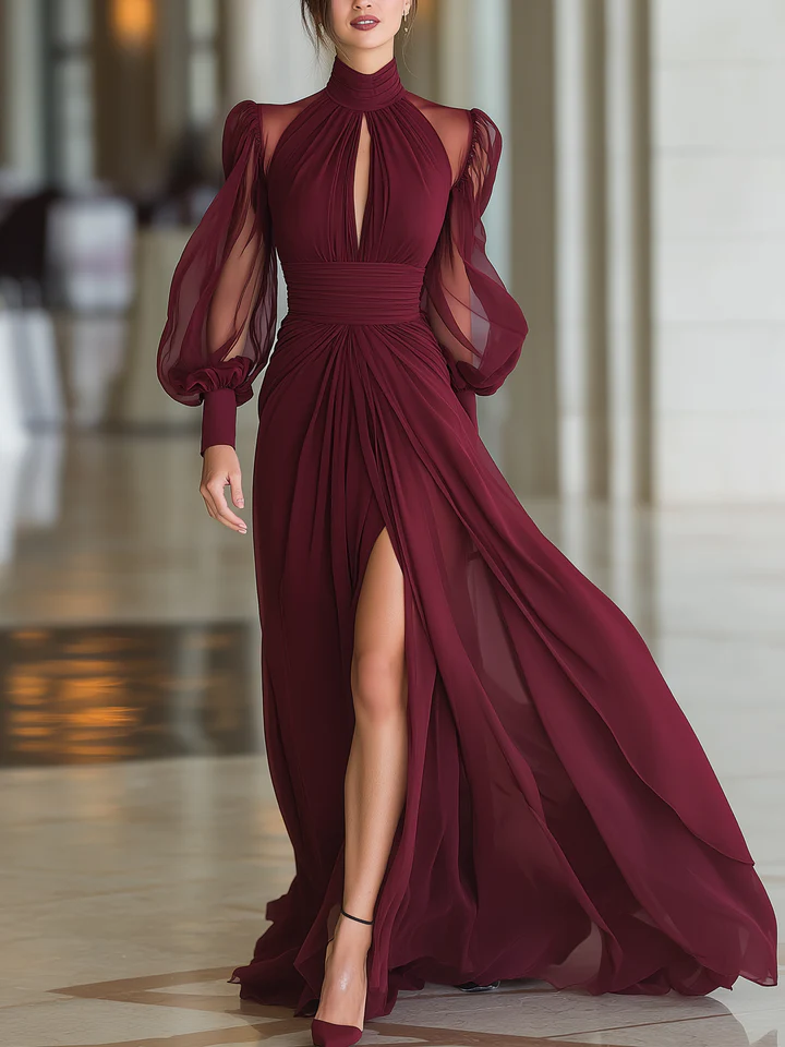 Burgundy High-necked Tulle Pleated Slit Maxi Dress