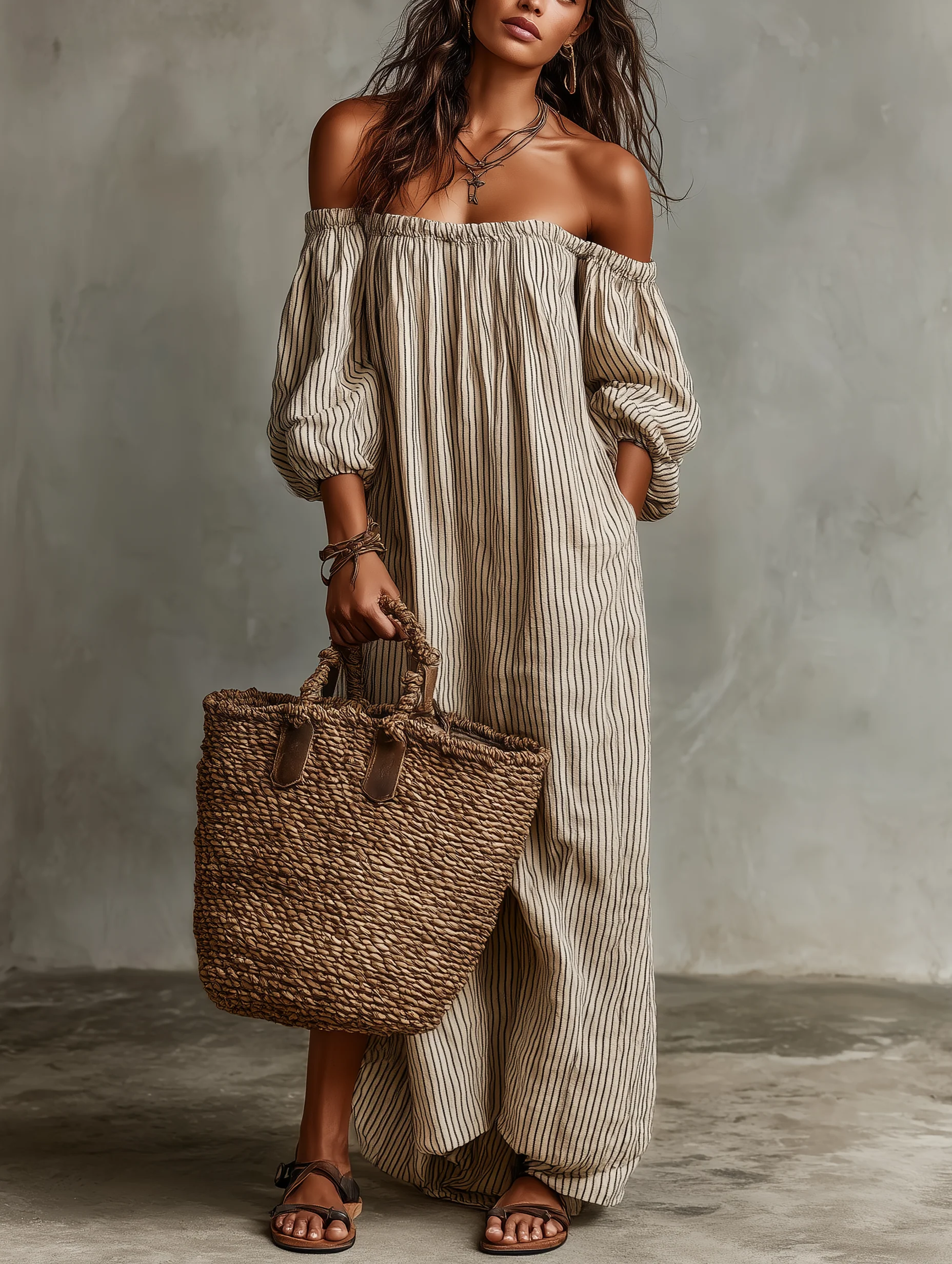 Vacation Beige Striped Off-Shoulder Long-Sleeved Maxi Dress