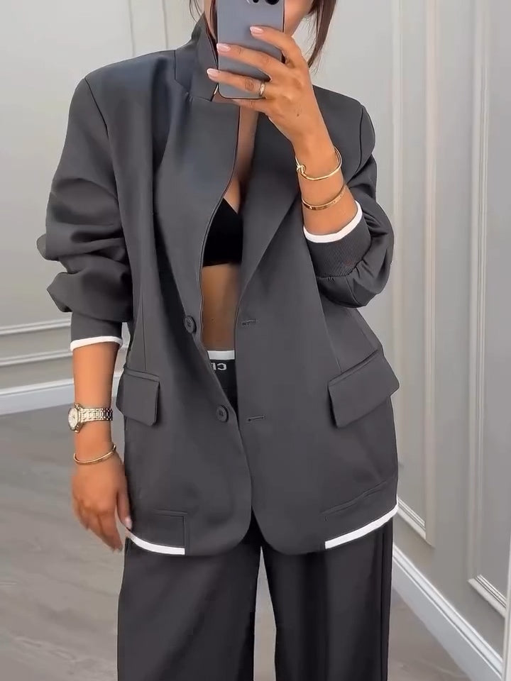 Gray Patchwork Dingle-breasted Blazer+Pants Two-piece Set