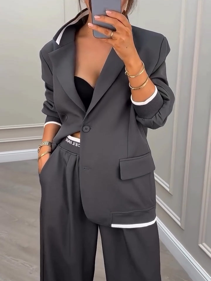 Gray Patchwork Dingle-breasted Blazer+Pants Two-piece Set