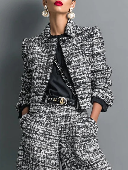Tweed Print Blend Single-Breasted Cropped Jacket And Wide-Leg Pants Set