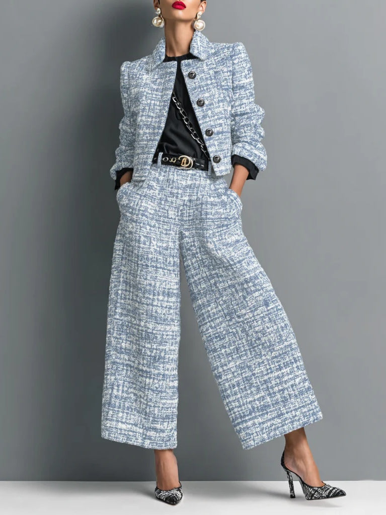 Tweed Print Blend Single-Breasted Cropped Jacket And Wide-Leg Pants Set