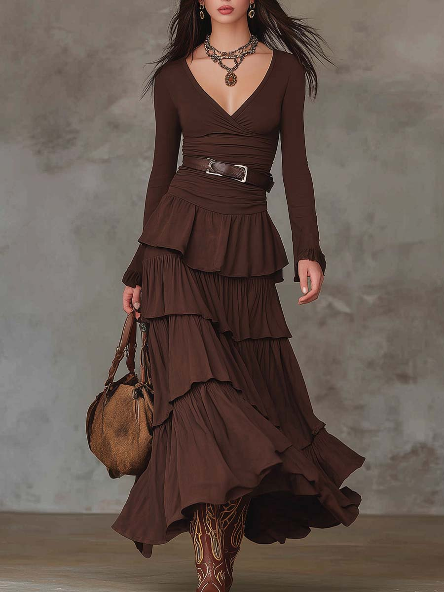 Brown Retro V-neck Multi-layered Ruffled Maxi Dress（With belt）