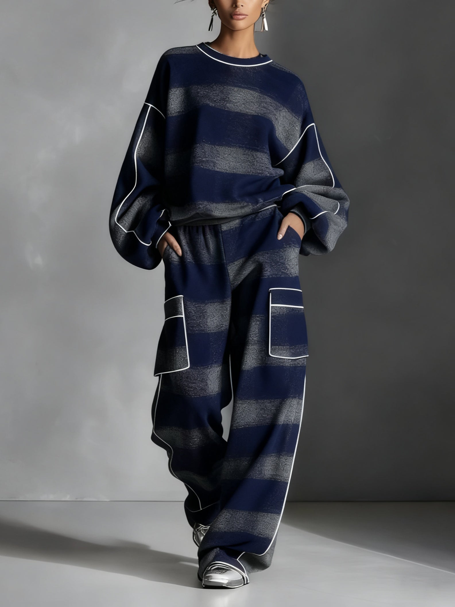 Blue and Gray Plaid Color-blocked Sweatshirt and Casual Pants Two-piece set