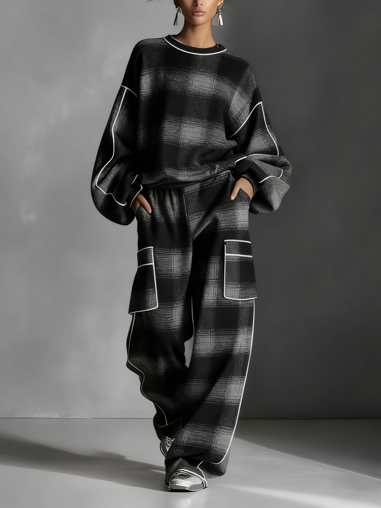 Black and Gray Plaid Color-blocked Sweatshirt and Casual Pants Two-piece set